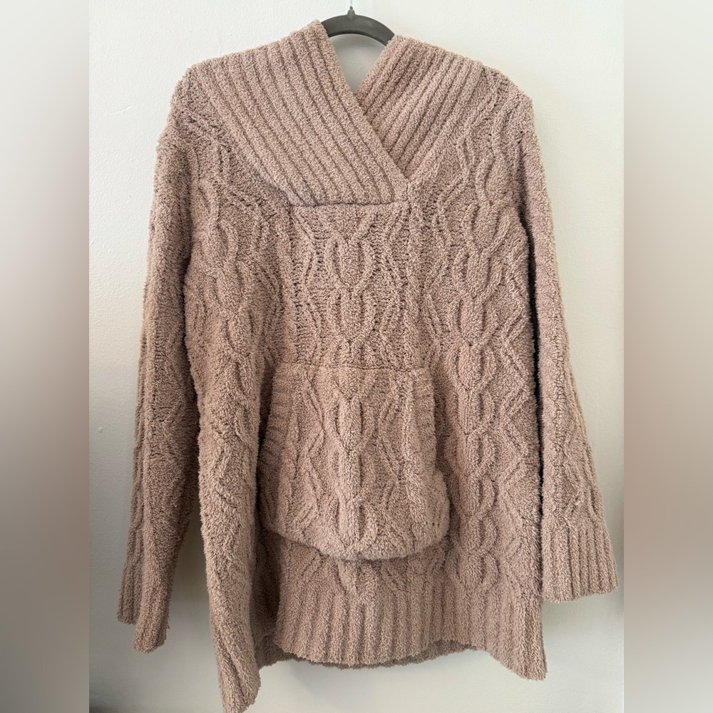 Barefoot Dream cozy chic zig zag hoodie long cable sweater beige size M